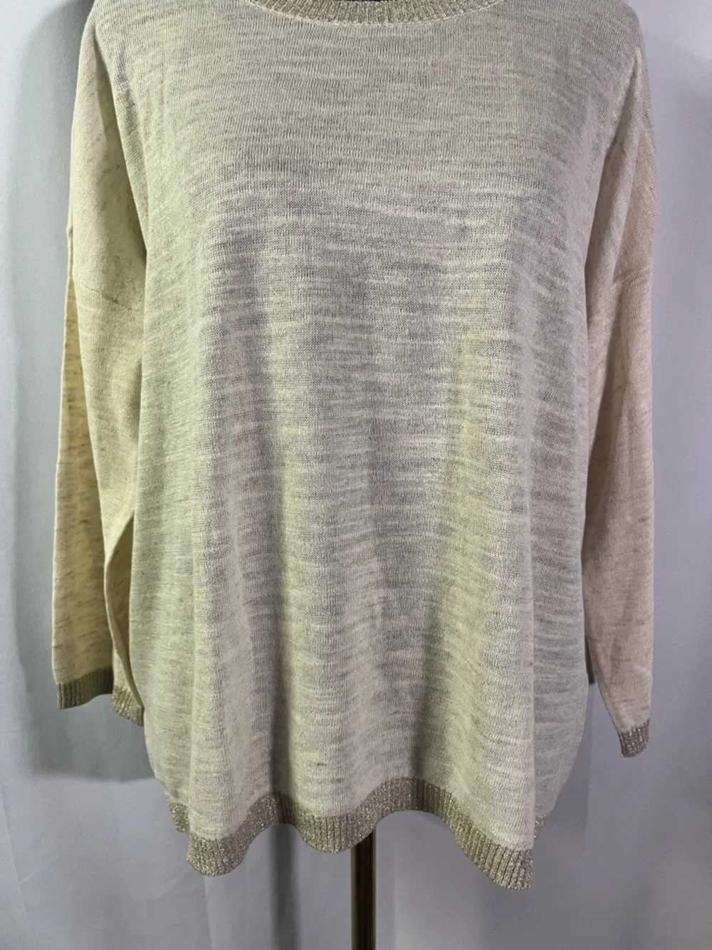 NWT LOFT Cream Gold Shimmer Trim 3/4 Sleeve Linen Blend Sweater